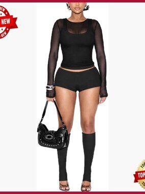 Long Sleeve Mesh Crop Top Mini Shorts 4-Piece Set Size Large Polyester Spandex